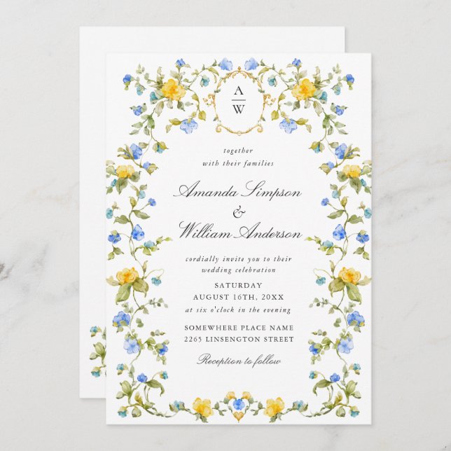 Meadow Pastel French Roses Floral Wedding Invitation (Front/Back)