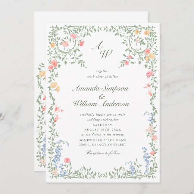 Meadow Pastel French Roses Floral Wedding QR code Invitation (Front/Back)