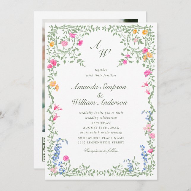 Meadow Pastel French Roses Floral Wedding QR code Invitation (Front/Back)
