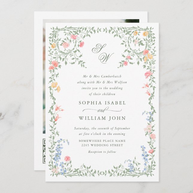 Meadow Pastel French Roses Floral Wedding QR code Invitation (Front/Back)