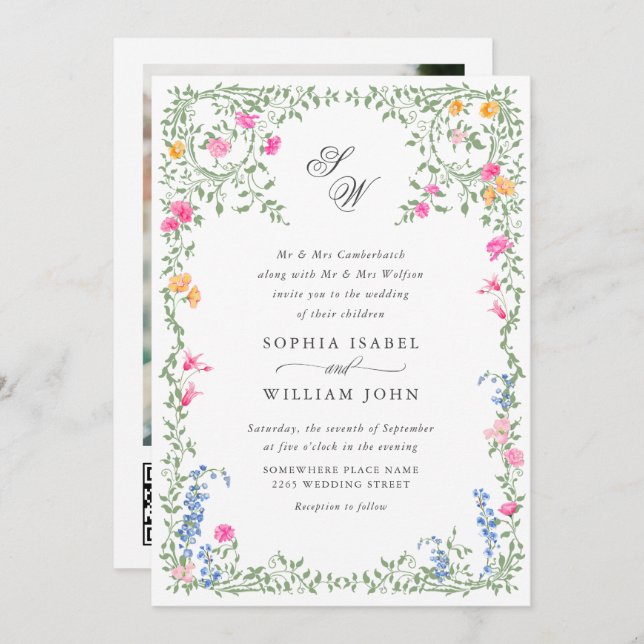 Meadow Pastel French Roses Floral Wedding QR code Invitation (Front/Back)
