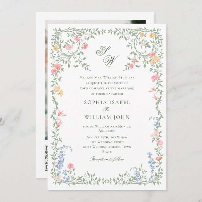 Meadow Pastel French Roses Floral Wedding QR code Invitation (Front/Back)