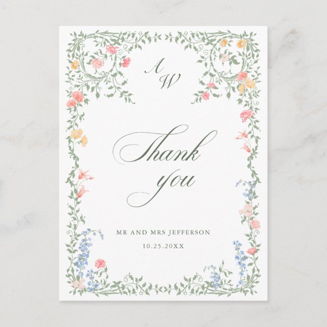 Meadow Pastel French Roses Wedding Thank You Postcard (Front)