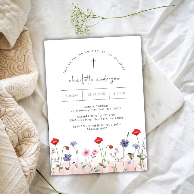 Meadow Summer Little Flower Cross Baptism  Invitation (Meadow Summer Little Flower Cross Baptism Invitation)
