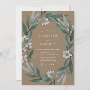 Meadow Taupe Olive Wreath Wedding Invitation