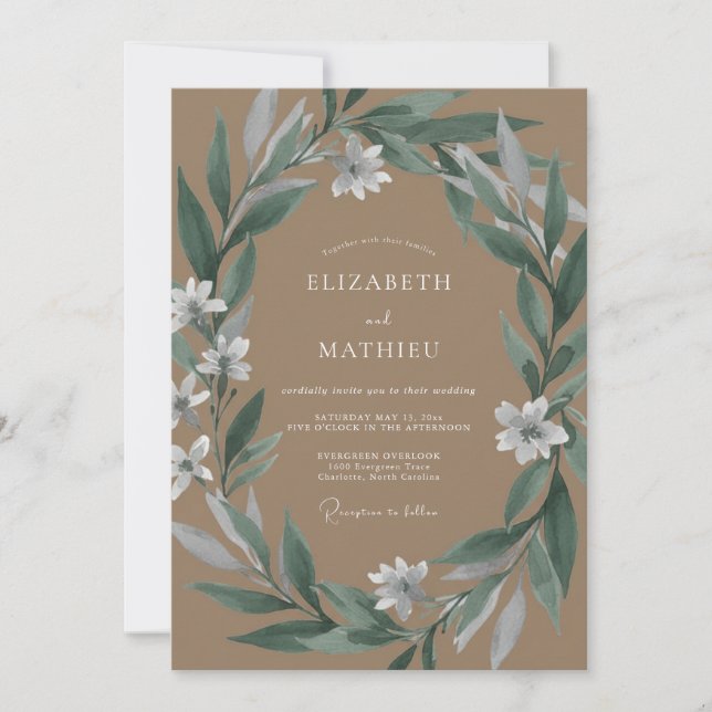 Meadow Taupe Olive Wreath Wedding Invitation (Front)