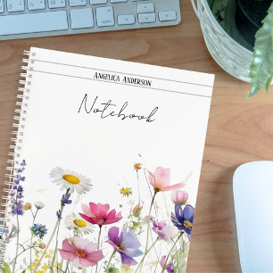 Meadow Watercolor wildflowers custom name white Notebook