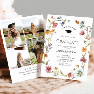 Meadow Wildflower Boho 4 Photo Graduation Party Invitation