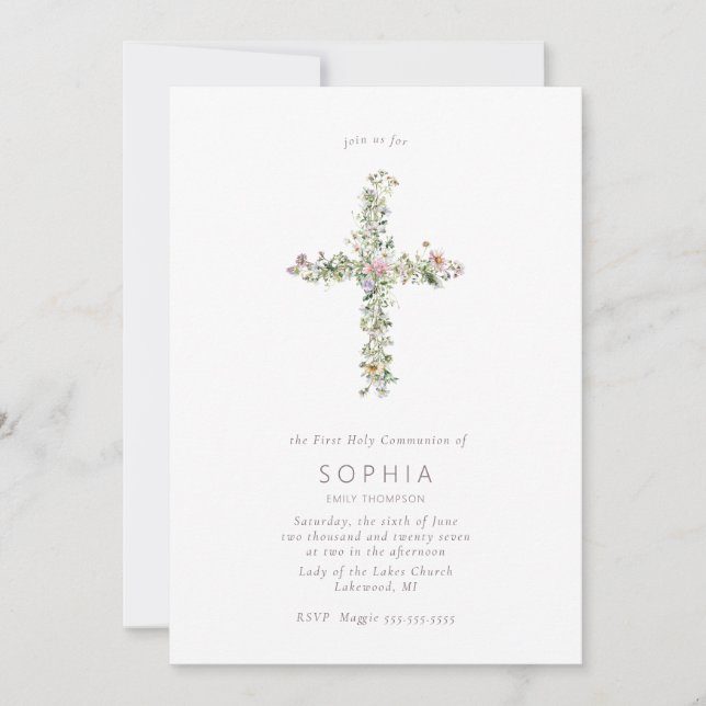 Meadow wildflower cross the First Holy Communion Invitation (Front)