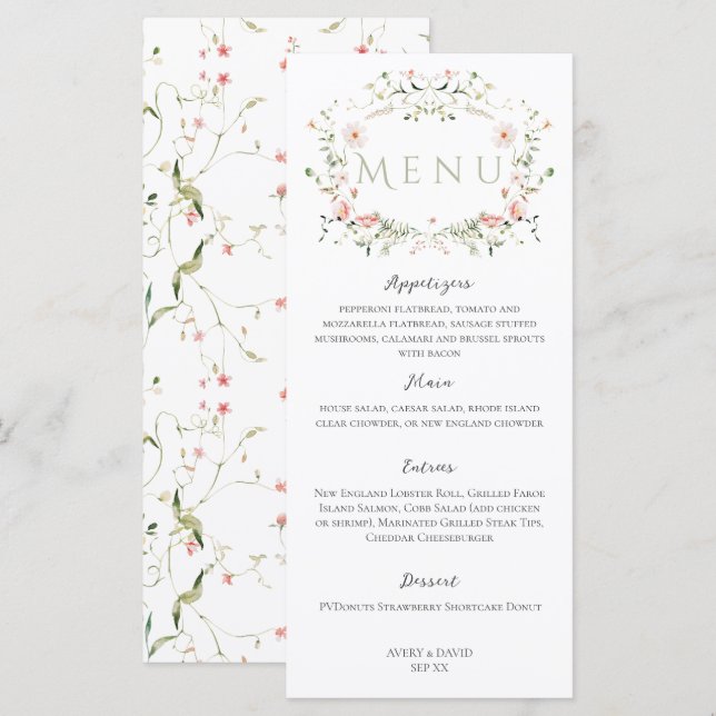 Meadow Wildflower Rustic Boho Wedding Menu (Front/Back)