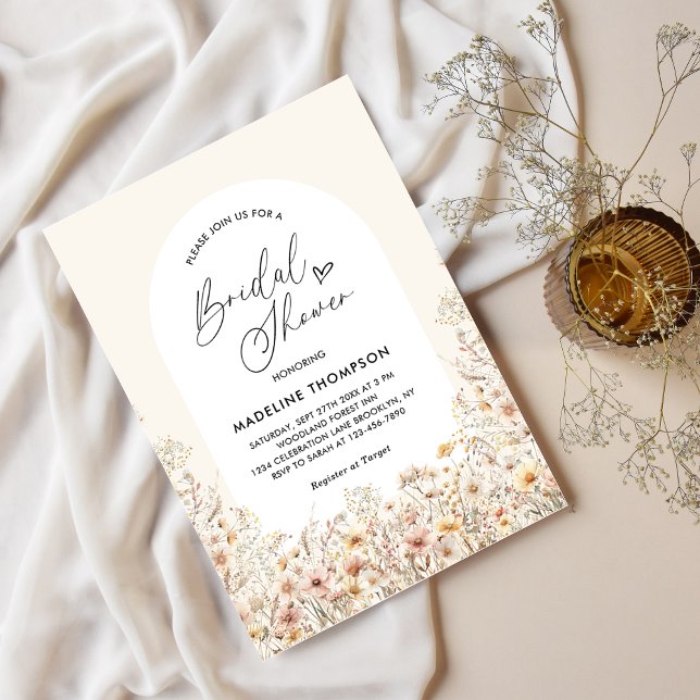 Meadow Wildflowers Arch Heart Script Bridal Shower Invitation (Creator Uploaded)