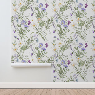 Meadow Wildflowers Violet Daisy Greenery Wallpaper