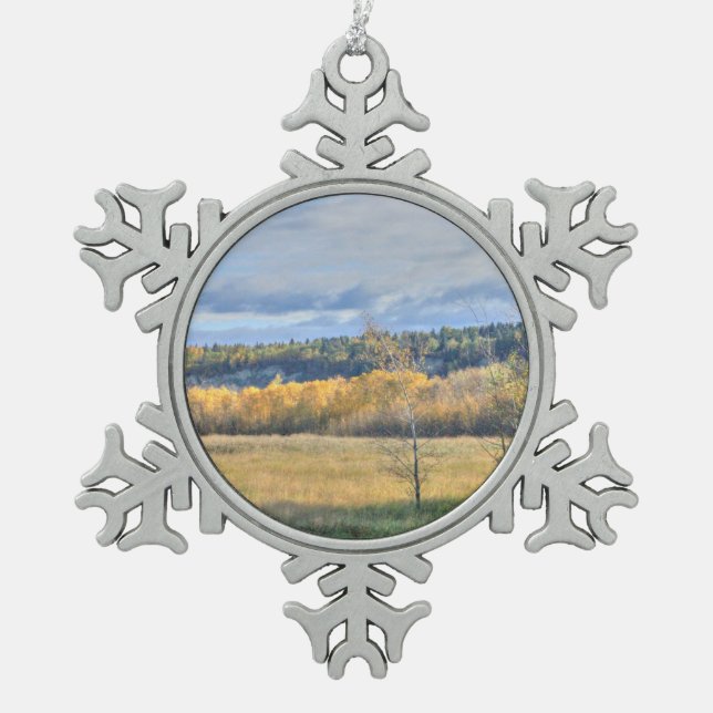 Meadow with Aspens Snowflake Pewter Christmas Ornament (Front)