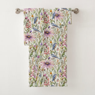 Meadow with Bluebirds and Coneflowers Bath Towel Set