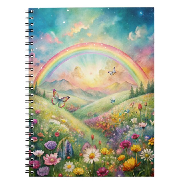 Meadow with Flowers and Butterflies and a Rainbow Notebook (Front)