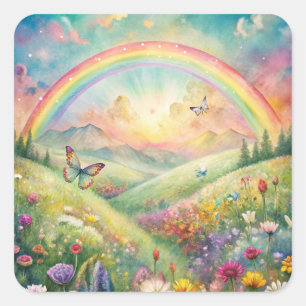 Meadow with Flowers and Butterflies and a Rainbow Square Sticker