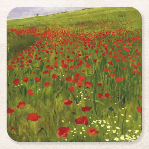 Meadow with Poppies (1896) Merse Pál Szinyei Square Paper Coaster
