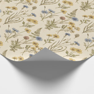 Meadowcore Botanical Print Blue Yellow Flowers Wrapping Paper