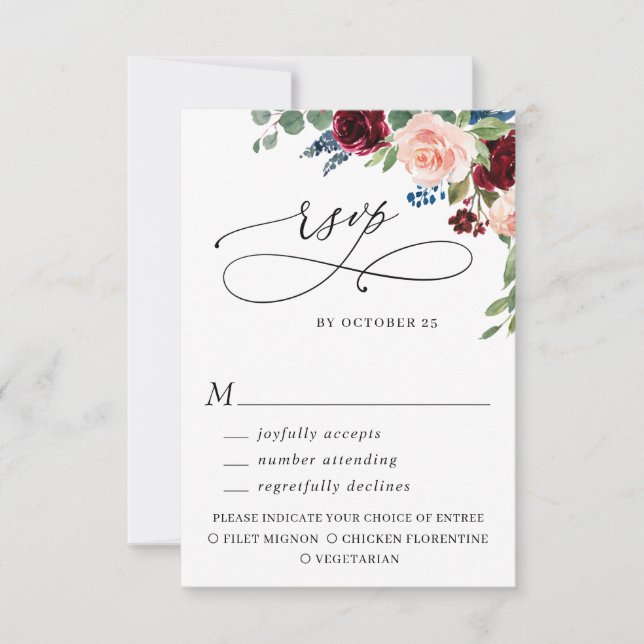 MEAL CHOICE Burgundy Navy Eucalyptus Rose Wedding RSVP Card (Front)