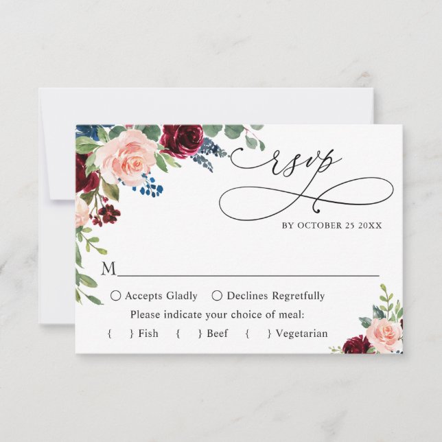 MEAL CHOICE Burgundy Navy Eucalyptus Rose Wedding RSVP Card (Front)