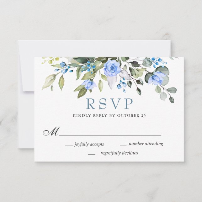 MEAL CHOICE Elegant Eucalyptus Blue Roses Wedding RSVP Card (Front)