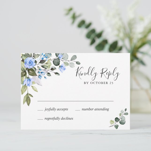MEAL CHOICE Elegant Eucalyptus Blue Roses Wedding  RSVP Card (Standing Front)
