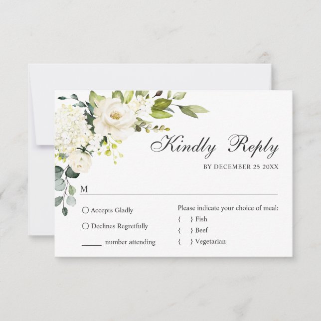 MEAL CHOICE Eucalyptus White Roses Floral Wedding RSVP Card (Front)
