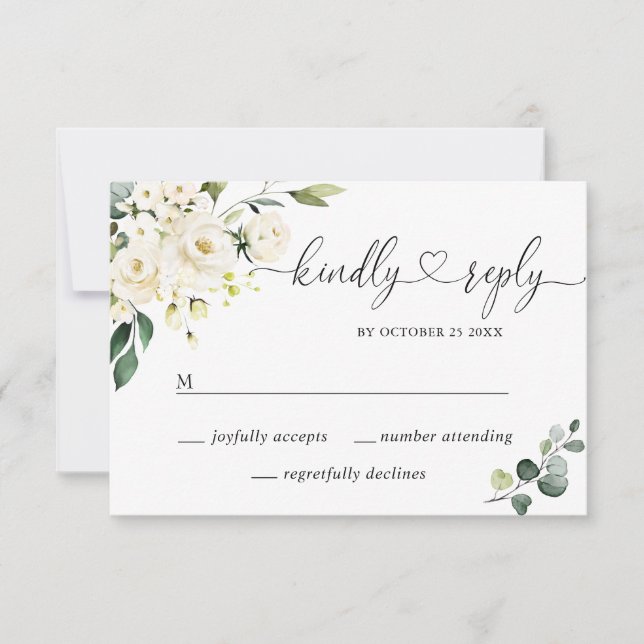 MEAL CHOICE Eucalyptus White Roses Floral Wedding RSVP Card (Front)