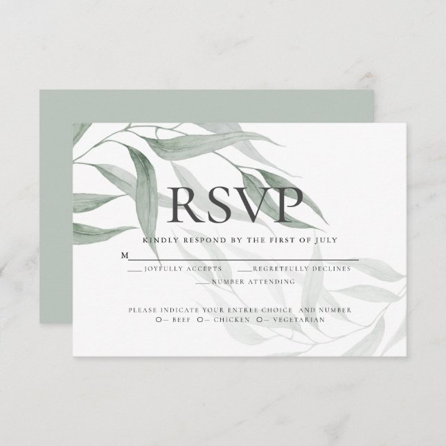 Meal Choice RSVP | Dusty Green Watercolor Leaves Invitation (Front/Back)