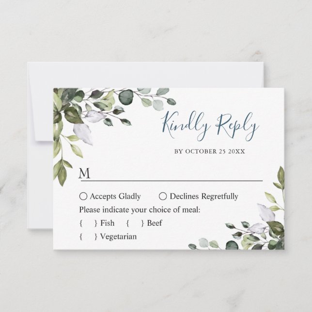 MEAL CHOICE Simple Elegant Eucalyptus Wedding RSVP Card (Front)