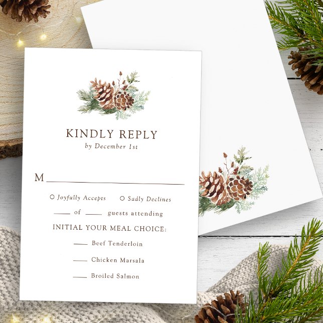 Meals Winter RSVP Card (Elegant Watercolor Evergreen Meals Winter RSVP Card by Painted Paperie
)