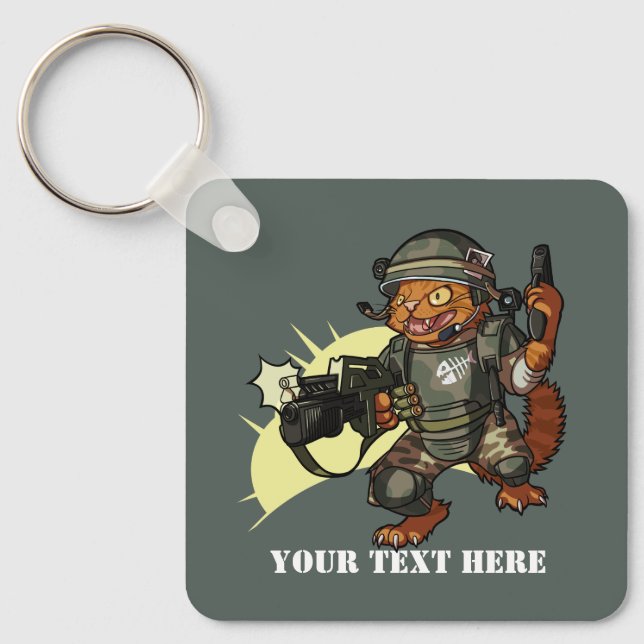 Mean Sci-fi Marine Ginger Cat Firing Gun Cartoon Key Ring (Front)