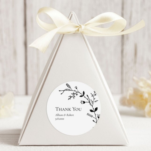 Meandering Vine Wedding Favour Black and White Classic Round Sticker (Creator Uploaded)