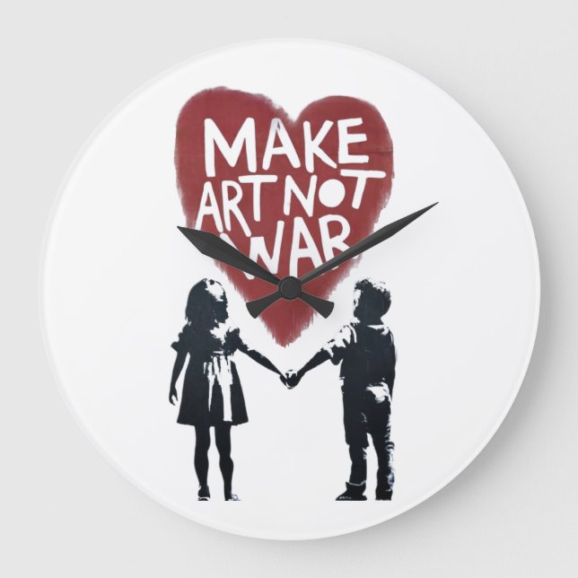 Meaningful Heart "MAKE ART NOT WAR" with Boy and G Large Clock (Front)