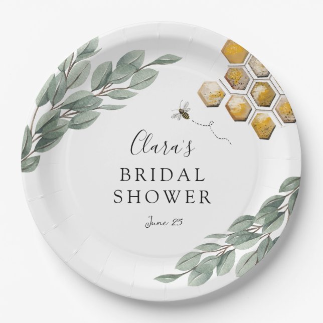 Meant to Bee Honeycomb Eucalyptus Bridal Shower Paper Plate (Front)