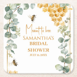 Meant to Bee Honeycomb Eucalyptus Bridal Shower Square Paper Coaster