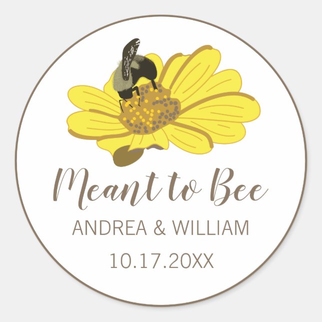 Meant to Bee Yellow Flower Illustration Wedding Classic Round Sticker (Front)