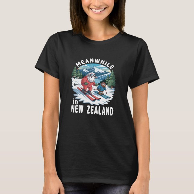 Meanwhile in New Zealand Kiwi Sheep Skiing Winter  T-Shirt (Front)
