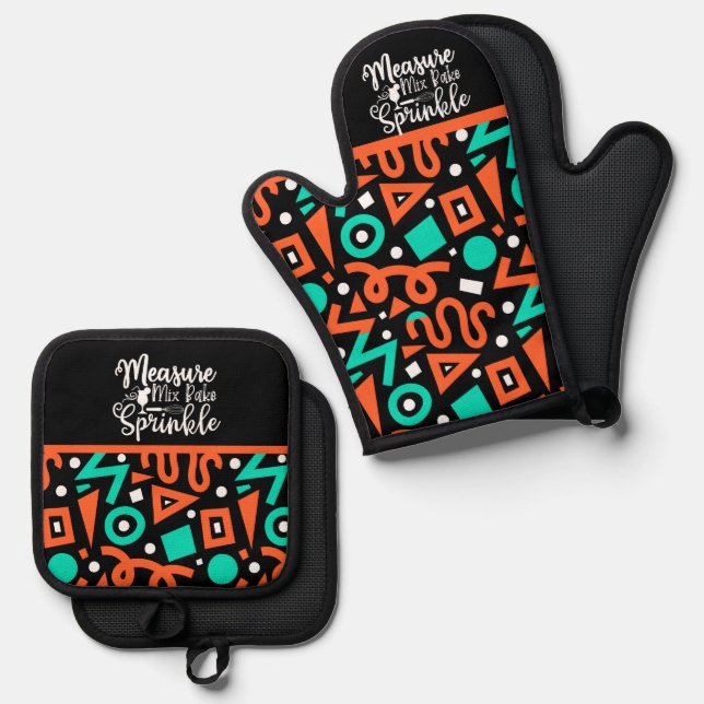 Measure Mix Bake Sprinkle Green Orange Black Oven Mitt & Pot Holder Set (Front/Back)