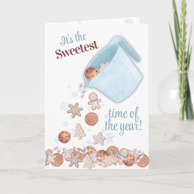 Measuring cup pouring Christmas cookies baking Hol Holiday Card (Front)