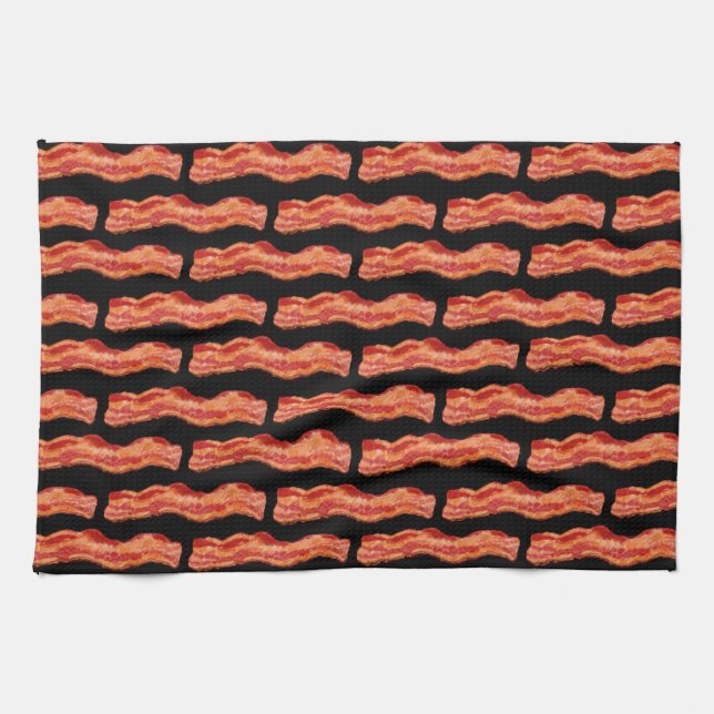 Meaty Bacon Pattern Black Background Tea Towel (Horizontal)