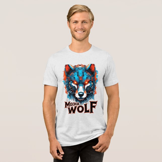 Mecha Wolf Head – Futuristic Cyberpunk Wolf Design Tri-Blend Shirt (Front Full)