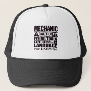 Mechanic Caution Flying Tools & Offensive Language Trucker Hat