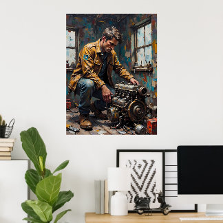Mechanic Examining Engine Poster