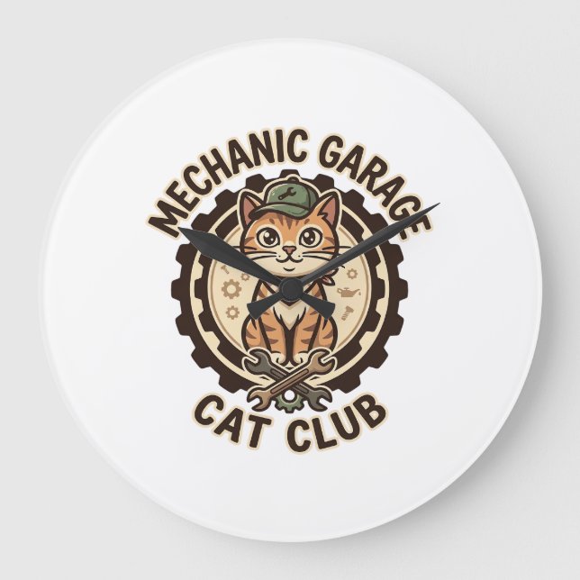 Mechanic Garage Cat POD Vector Art - Mechanic Gara Large Clock (Front)
