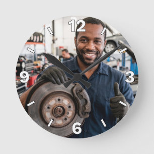 Mechanic Holding Car Brake Rotor Garage Decor Round Clock