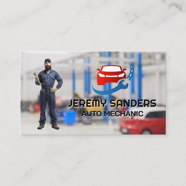 Mechanic Holding Wrench | Auto Repair Fix Logo Business Card (Front)