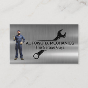 Mechanic Holding Wrench Auto Services Metallic Business Card
