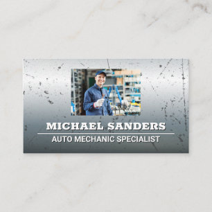 Mechanic Holding Wrench Metallic Background Business Card