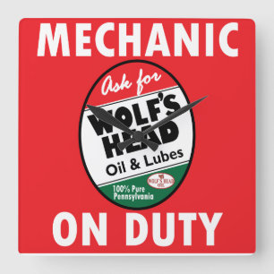 Mechanic on Duty sign. Wolf Head Oil version Square Wall Clock